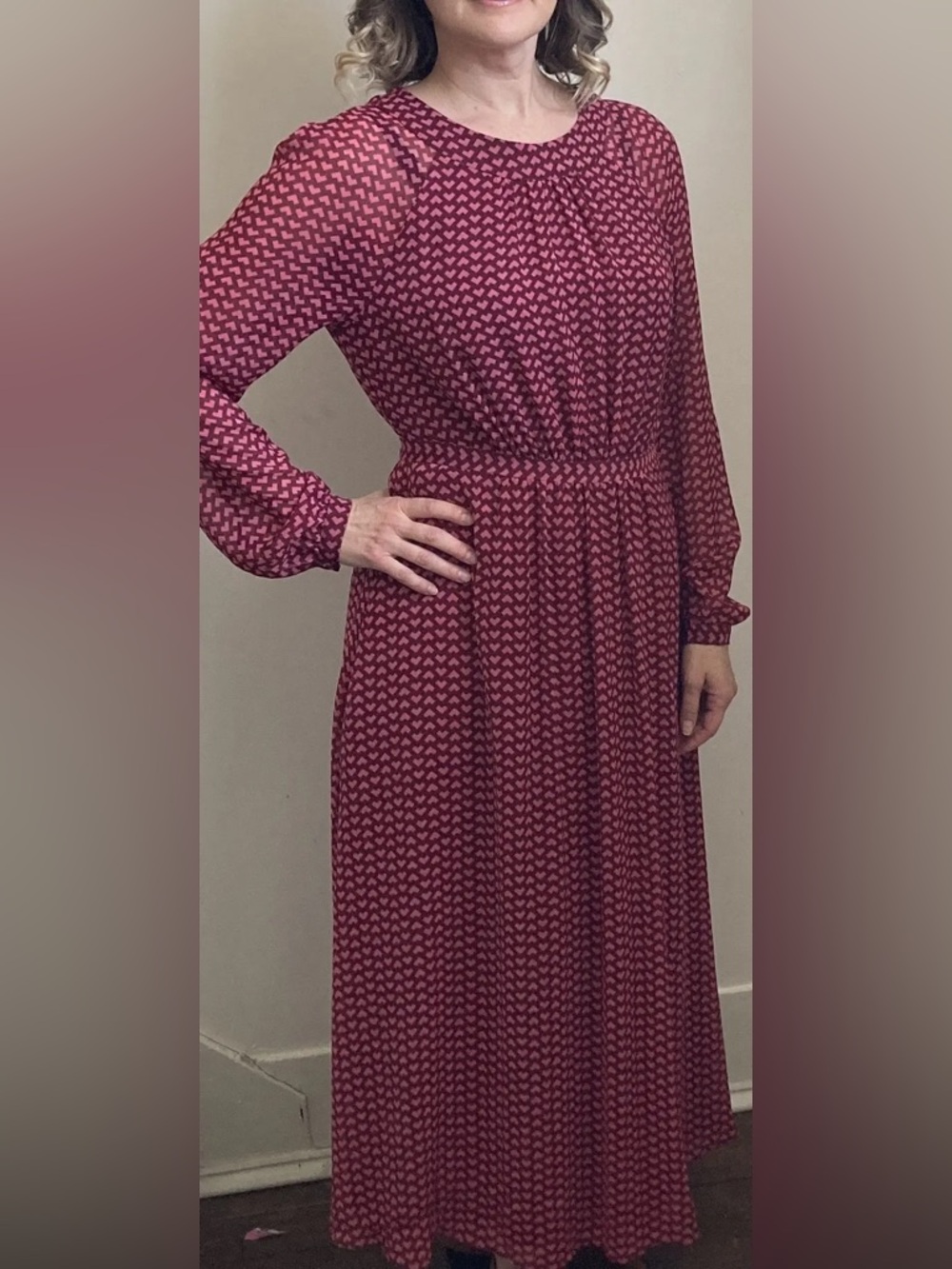 Women's Long Sleeve Burgundy Printed Maxi Dress